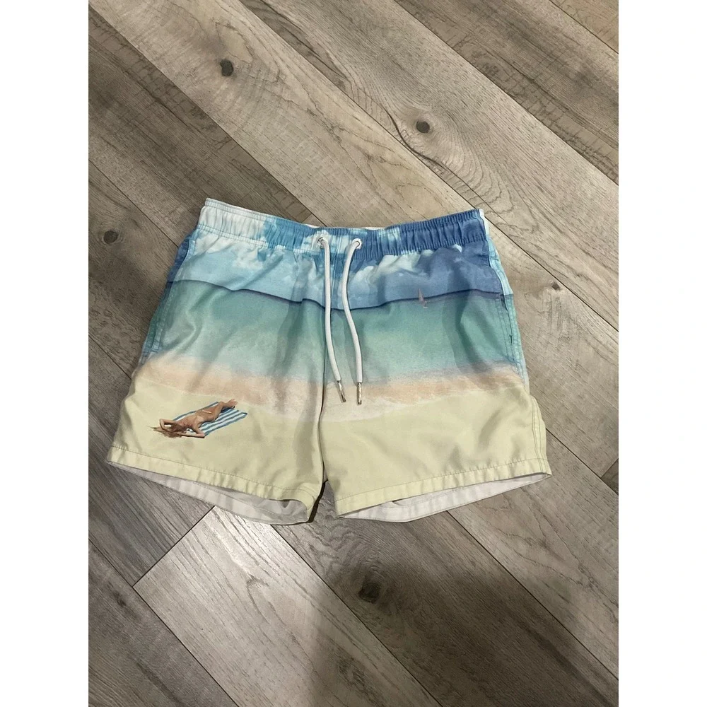 Abercrombie & Fitch Mens Beach Scene Print Swim Trunks Blue Tan Medium 5 Inch